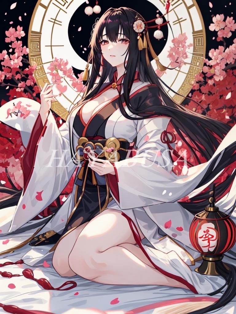 【AIイラスト】華と巫女:艶やかな黒髪美女と桜の幻想的な風景