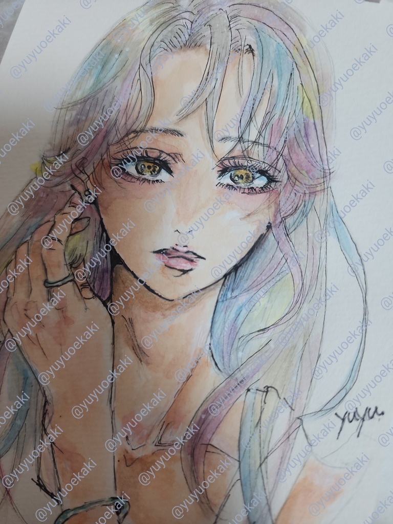 【原画】アナログイラスト 恥じらい 女の子 透明水彩 ミニスケッチブック