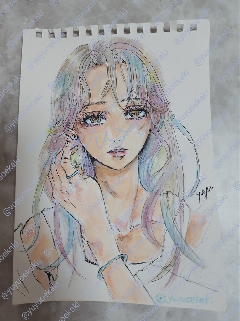 【原画】アナログイラスト 恥じらい 女の子 透明水彩 ミニスケッチブック