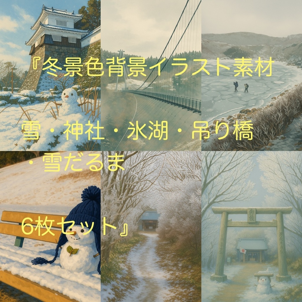 『冬景色背景イラスト素材|雪・神社・氷湖・吊り橋・雪だるま|6枚セット』