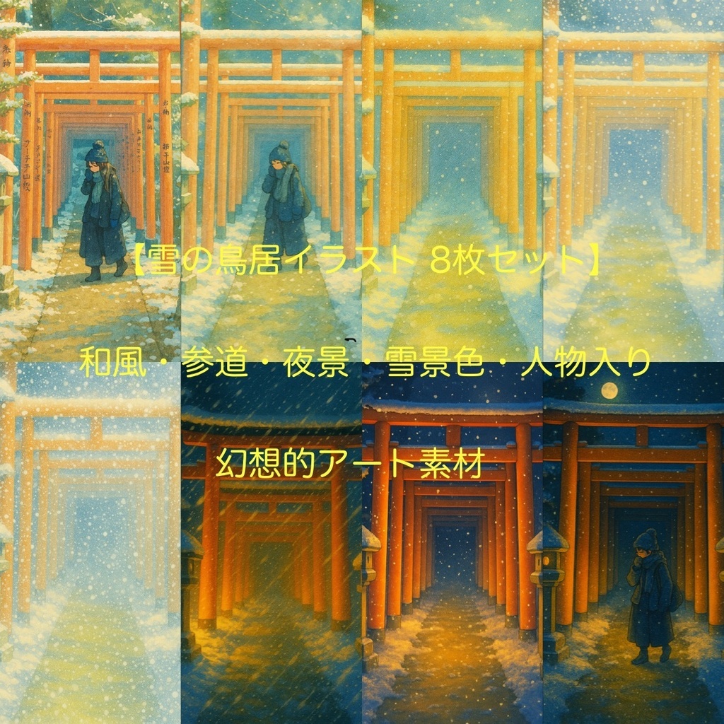 【雪の鳥居イラスト 8枚セット】 和風・参道・夜景・雪景色・人物入り／幻想的アート素材