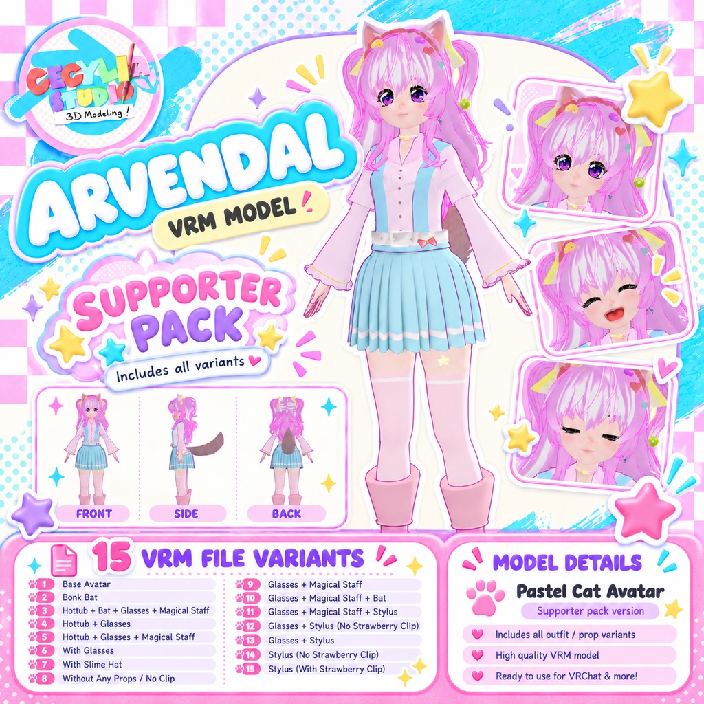 ARVENDAL – パステル猫系VRMアバター|無料版 / サポーターパック - ARVENDAL – Pastel Cat VRM Avatar | Free Version / Supporter Pack