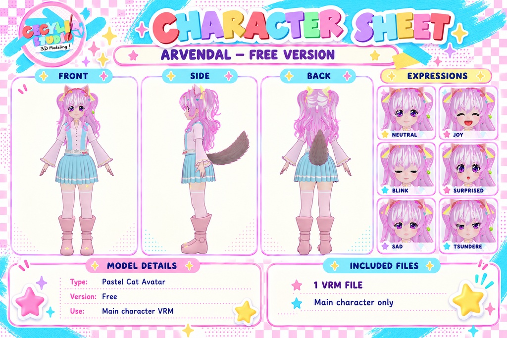 ARVENDAL – パステル猫系VRMアバター|無料版 / サポーターパック - ARVENDAL – Pastel Cat VRM Avatar | Free Version / Supporter Pack