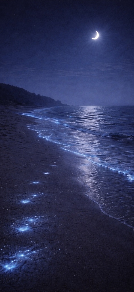 青い夜の壁紙|去る波|Aoya No.04 Blue Night No.04 – Moonlit Shore Phone Wallpaper