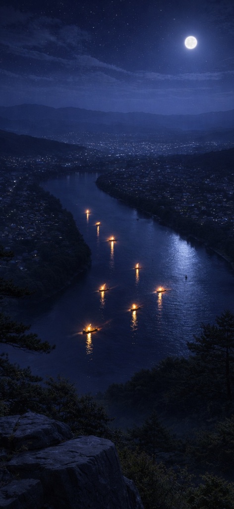 青い夜の壁紙|篝火|Aoya No.05 Blue Night No.05 – Moonlit River Lanterns Phone Wallpaper