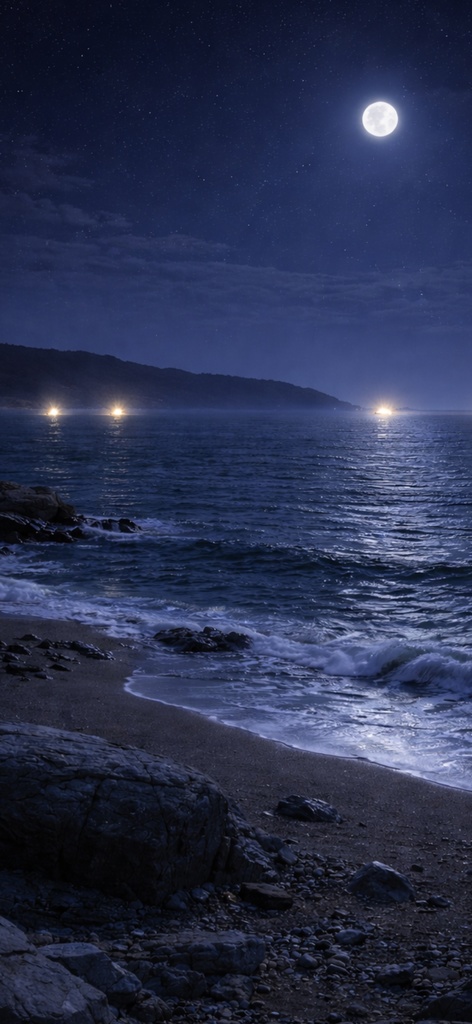 青い夜の壁紙|漁火|Aoya No.06 Blue Night No.06 – Fishing Lights under the Moon Phone Wallpaper