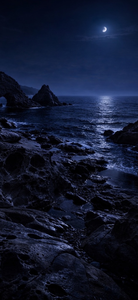 青い夜の壁紙|見残し|Aoya No.07 Blue Night No.07 – Japanese Moonlit Rocky Shore Phone Wallpaper