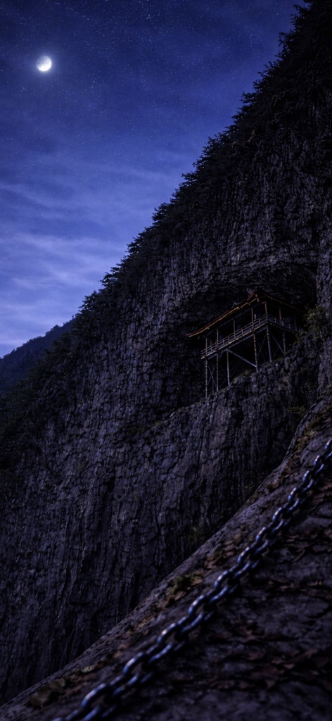 青い夜の壁紙|鎖の先(稜線)|Aoya No.08 Blue Night No.08 – Japanese Cliffside Temple Path Phone Wallpaper
