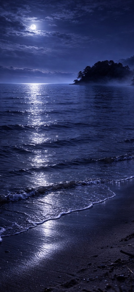 青い夜の壁紙|月の岸|Aoya No.09 Blue Night No.09 – Japanese Moonlit Shore Phone Wallpaper