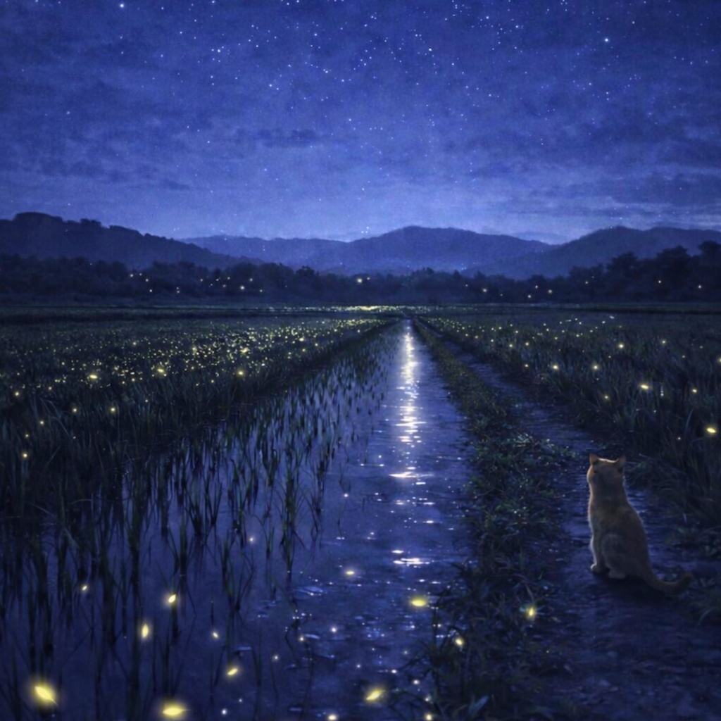 【iPhone壁紙】月の田んぼと猫 | Moonlit Rice Field Cat | Aoya Cat Scenes 02