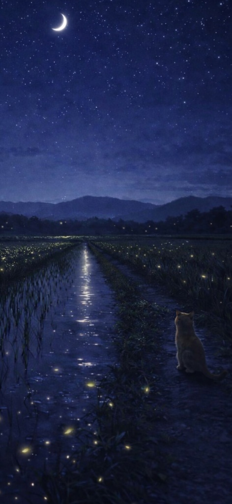 月の田んぼを歩く猫 | Moonlit Rice Field Cat | Aoya Cat Scenes 02