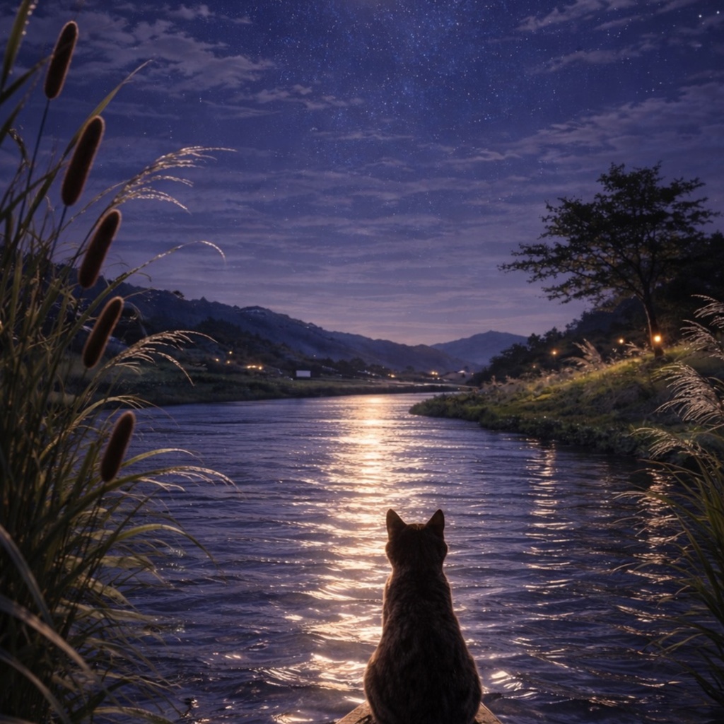 【iPhone壁紙】月夜の川下り猫 | Moonlit River Cat | Aoya Cat Scenes 03