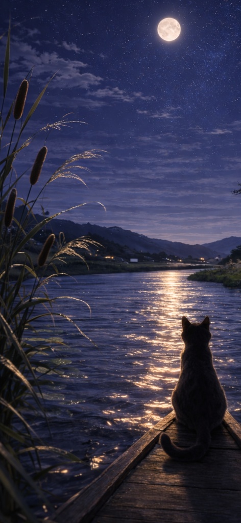 月夜の川下り猫 | Moonlit River Cat | Aoya Cat Scenes 03