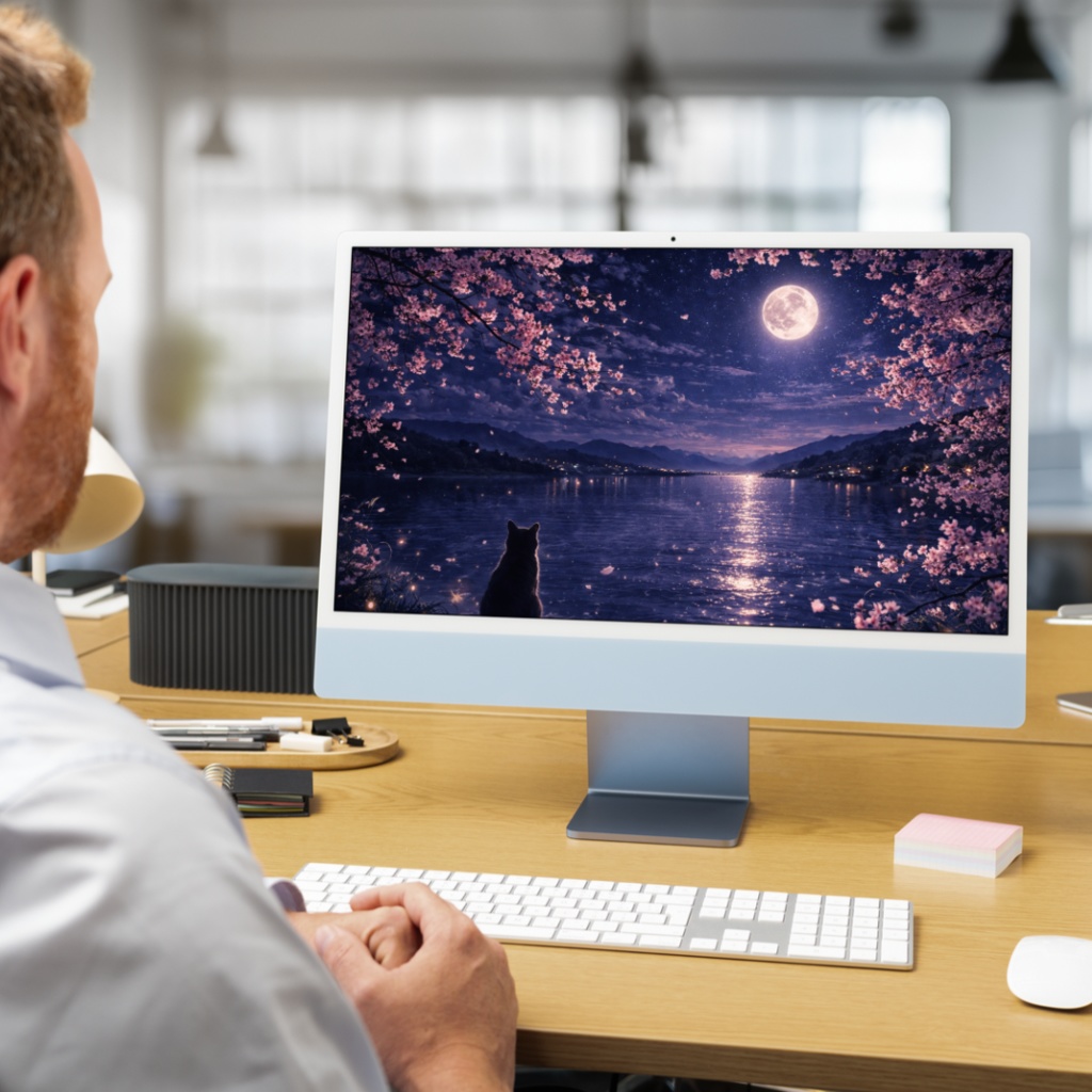 月夜の桜と湖の猫 | Moonlit Sakura Lake Cat | Aoya Cat Scenes 05