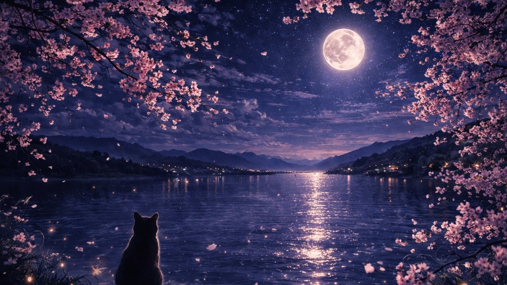 月夜の桜と湖の猫 | Moonlit Sakura Lake Cat | Aoya Cat Scenes 05
