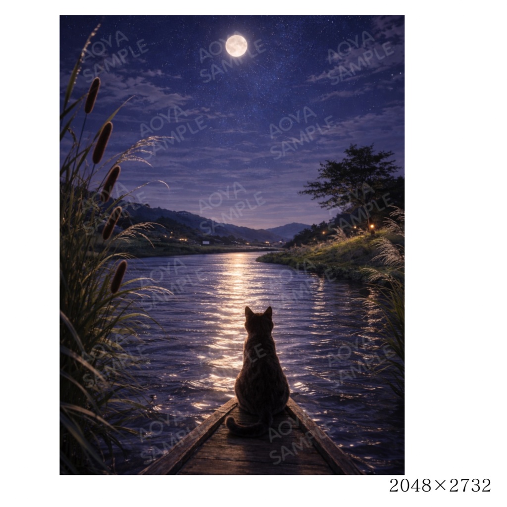 月夜の川下り猫|iPad壁紙| Moonlit River Cat | iPad Wallpaper | Aoya Cat Scenes 03