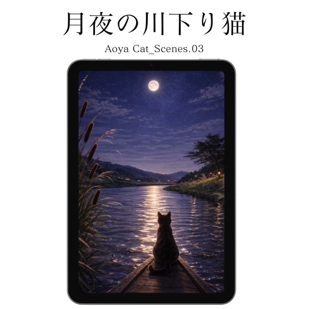 月夜の川下り猫|iPad壁紙| Moonlit River Cat | iPad Wallpaper | Aoya Cat Scenes 03