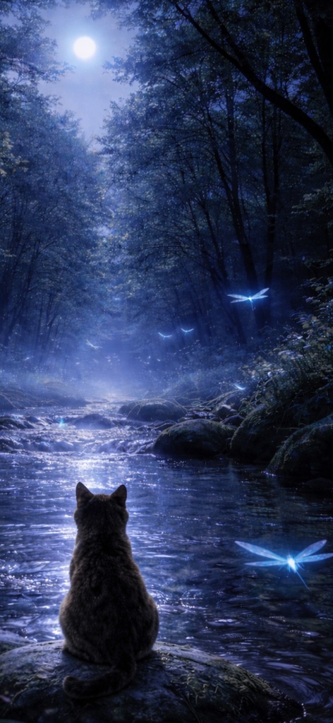【iPhone壁紙】青い夜 | 川辺の猫|Moonlit Riverbank Cat|Aoya Cat Scenes 06