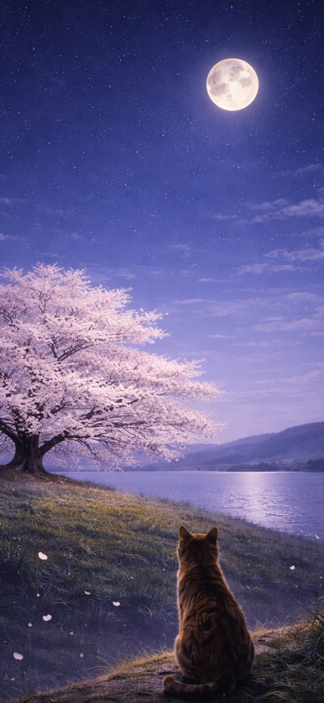 【iPhone壁紙】青い夜|満月と夜桜と猫|(高画質 透かしなし)Moonlit Night Sakura Cat |Aoya Cat Scenes 07