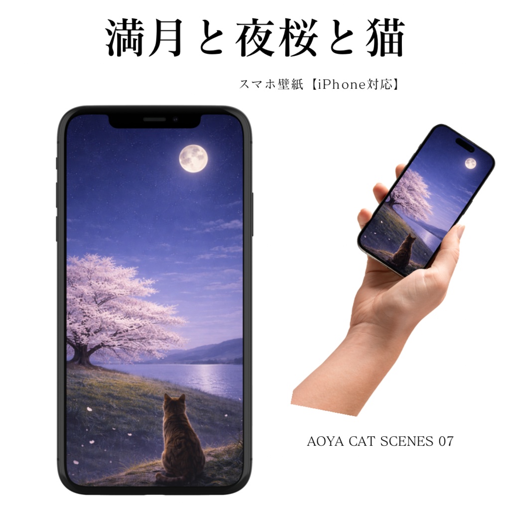 【iPhone壁紙】青い夜|満月と夜桜と猫|(高画質 透かしなし)Moonlit Night Sakura Cat |Aoya Cat Scenes 07