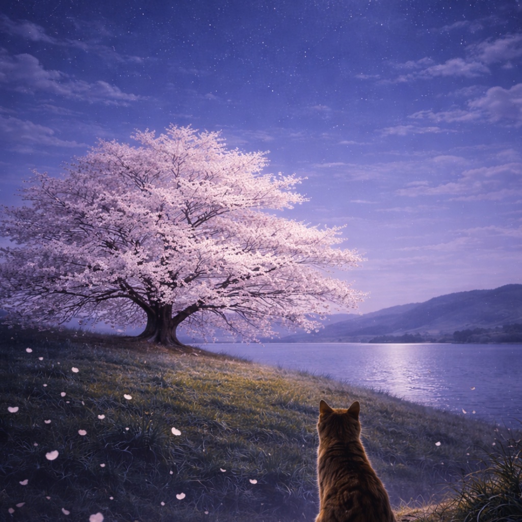 【iPhone壁紙】青い夜|満月と夜桜と猫|(高画質 透かしなし)Moonlit Night Sakura Cat |Aoya Cat Scenes 07