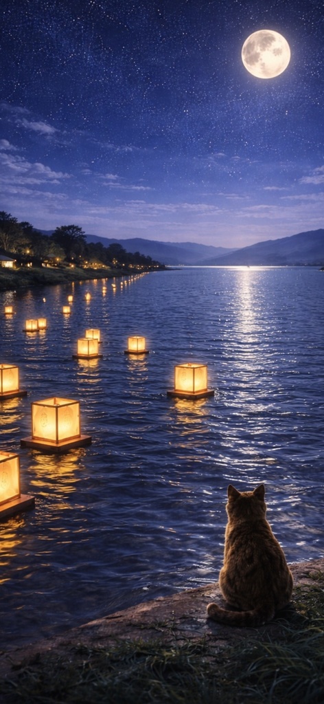 【iPhone壁紙】 青い夜|灯籠流しと猫|(高画質・透かしなし)|Moonlit Lantern Floating Cat|Aoya Cat Scenes 08