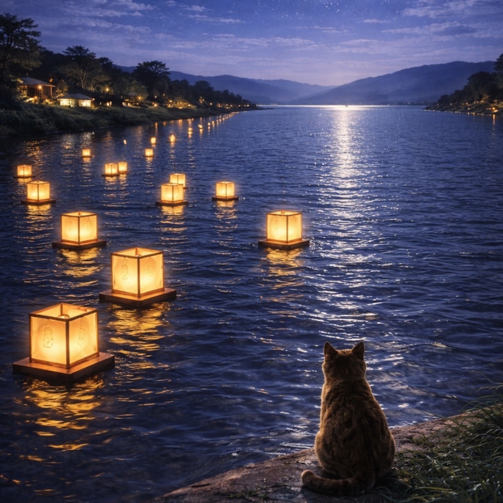 【iPhone壁紙】 青い夜|灯籠流しと猫|(高画質・透かしなし)|Moonlit Lantern Floating Cat|Aoya Cat Scenes 08