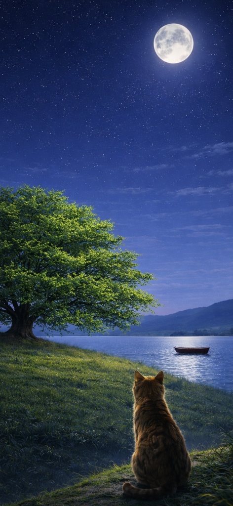 【iPhone壁紙】青い夜|満月と夏の湖と猫|(高画質 透かしなし) Moonlit Summer Lake Cat |Aoya Cat Scenes 09