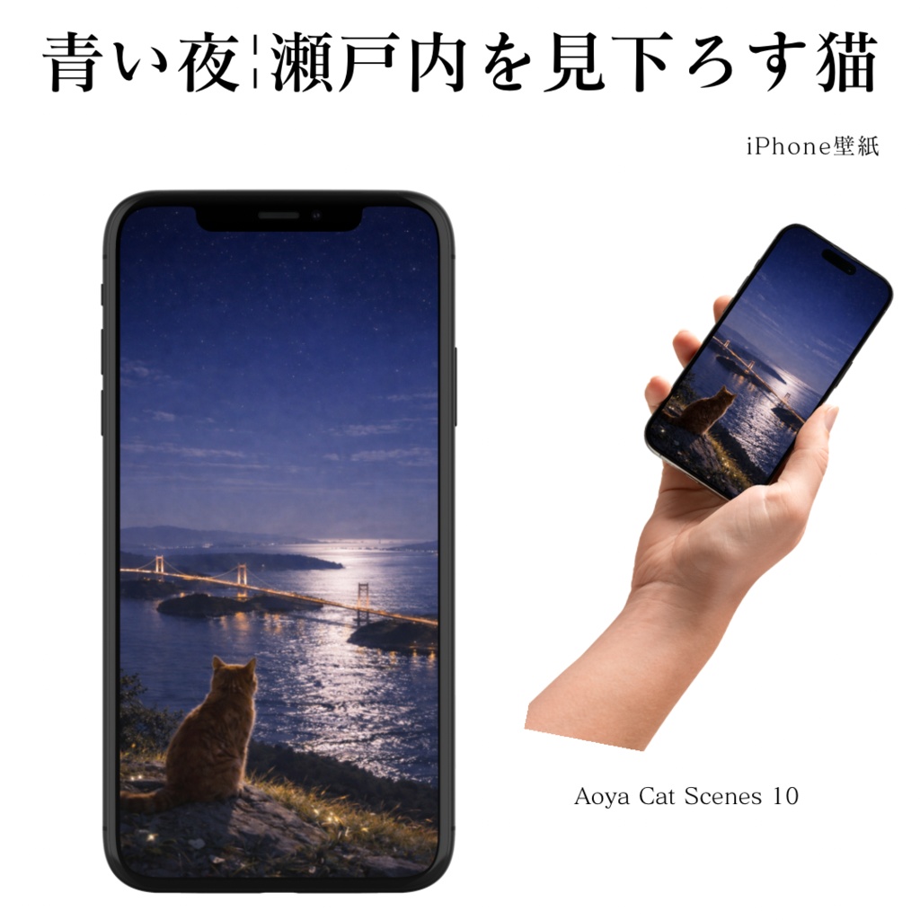【iPhone壁紙】青い夜|瀬戸内を見下ろす猫 (高画質 透かしなし)| Moonlit Seto Inland Sea Cat |Aoya Cat Scenes 10