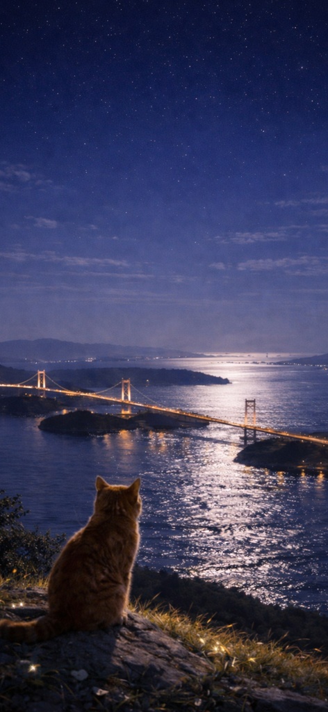【iPhone壁紙】青い夜|瀬戸内を見下ろす猫 (高画質 透かしなし)| Moonlit Seto Inland Sea Cat |Aoya Cat Scenes 10