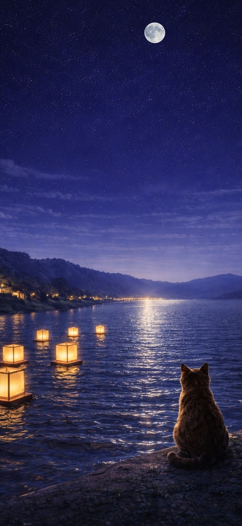 【iPhone壁紙】 青い夜|灯籠流しと猫 ver.2|(高画質・透かしなし)|Moonlit Lantern Floating Cat ver.2|Aoya Cat Scenes 11
