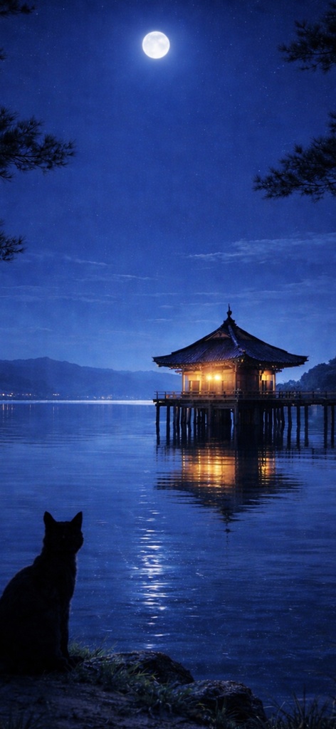 【iPhone壁紙】青い夜| 月夜の浮御堂と猫 | Moonlit Ukimido Cat | Aoya Cat Scenes 12