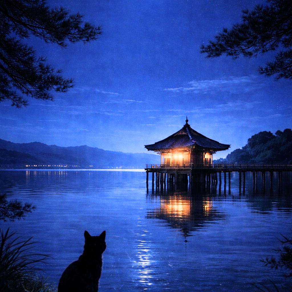 【iPhone壁紙】青い夜| 月夜の浮御堂と猫 | Moonlit Ukimido Cat | Aoya Cat Scenes 12