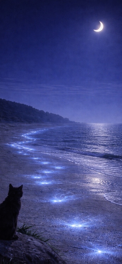【iPhone壁紙】青い夜|去る波と猫|Moonlit Shore with Cat – Sea Sparkle Blue Night No.04|Aoya Cat Scenes 13