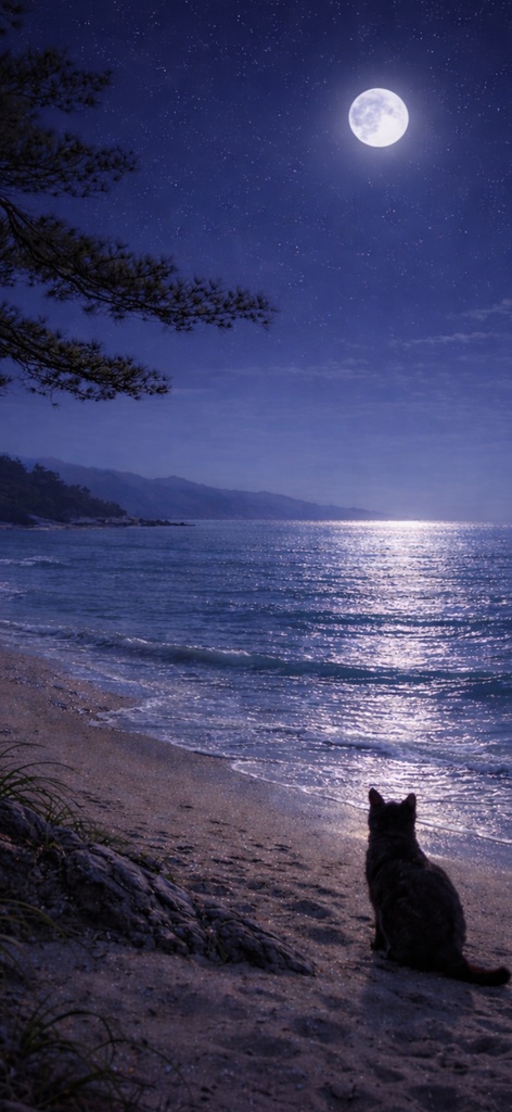 【iPhone壁紙】青い夜|琵琶湖の砂浜と猫|Moonlit Beach Cat |Aoya Cat Scenes 14