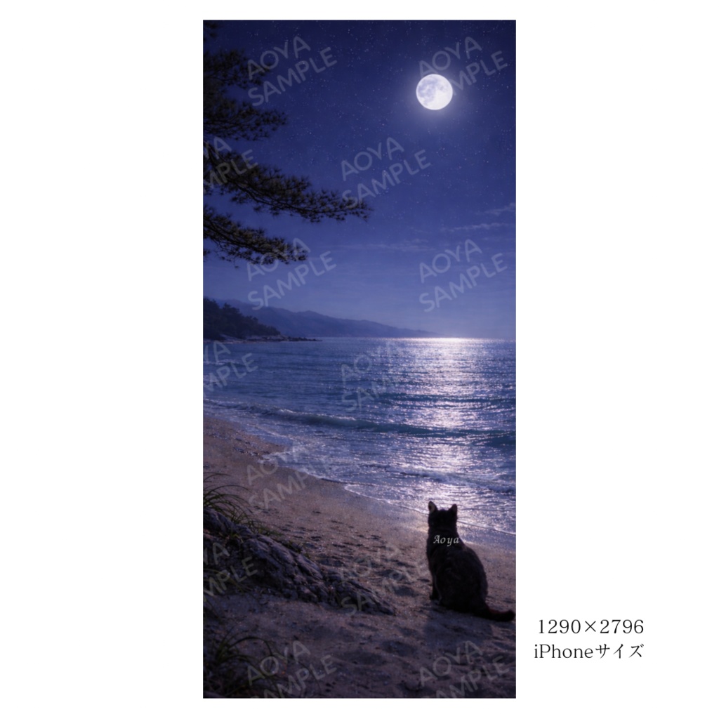 【iPhone壁紙】青い夜|琵琶湖の砂浜と猫|Moonlit Beach Cat |Aoya Cat Scenes 14