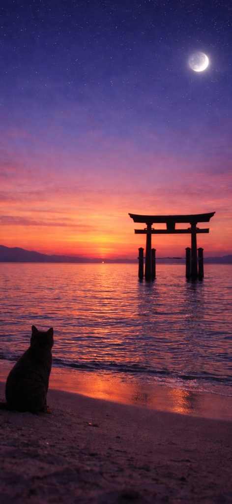 【iPhone壁紙】青い夜へ|琵琶湖の鳥居と猫|Twilight Torii and Cat – Blue Night No.05|Aoya Cat Scenes 15