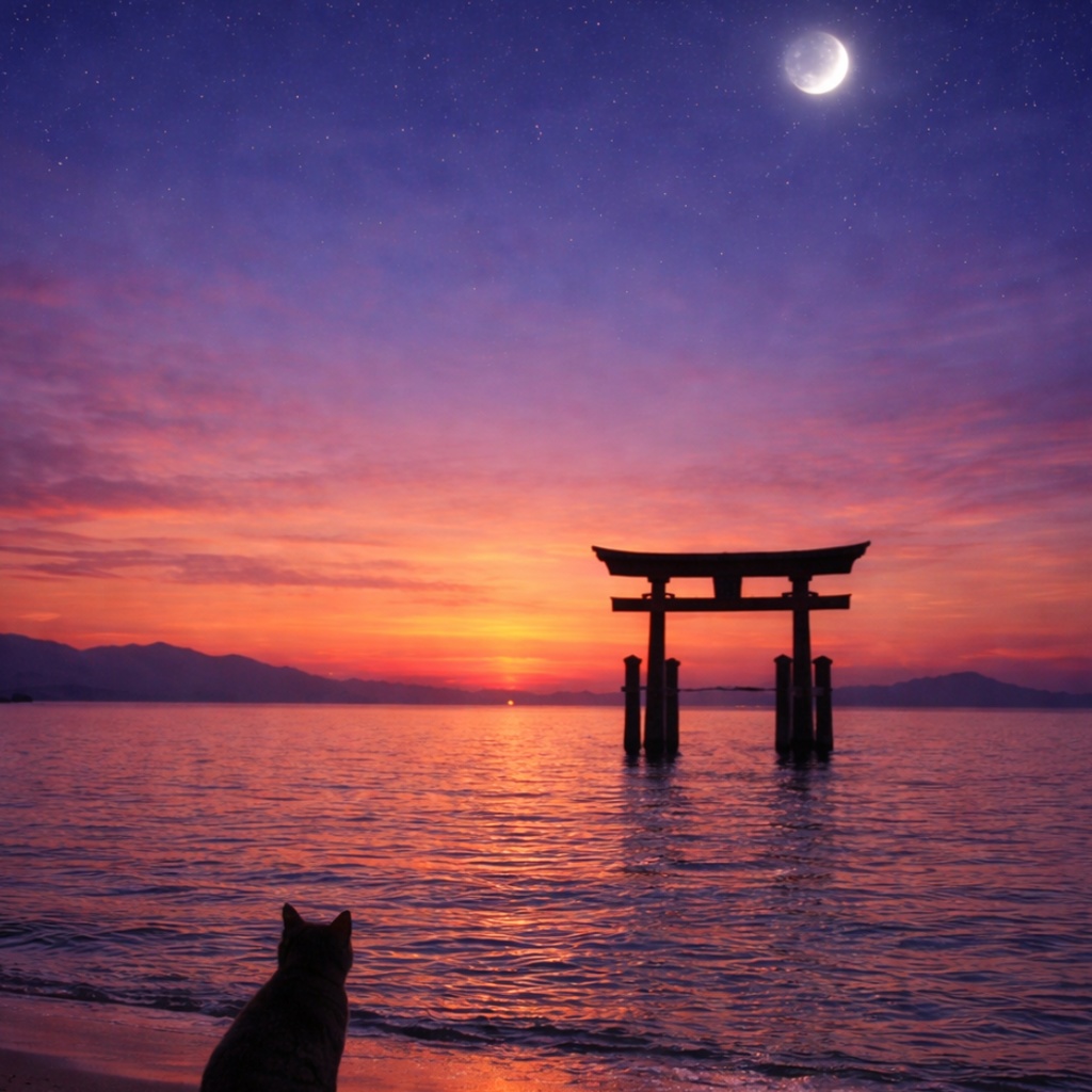 【iPhone壁紙】青い夜へ|琵琶湖の鳥居と猫|Twilight Torii and Cat – Blue Night No.05|Aoya Cat Scenes 15