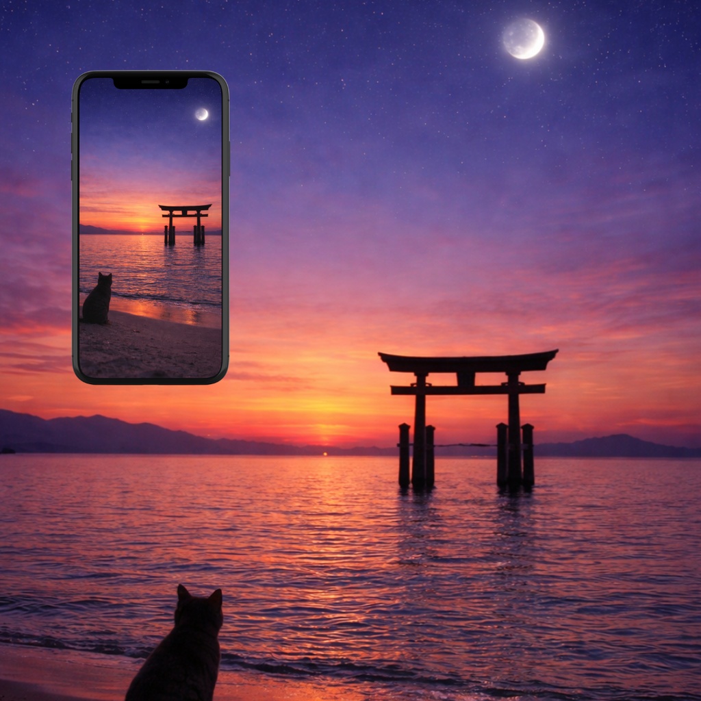 【iPhone壁紙】青い夜へ|琵琶湖の鳥居と猫|Twilight Torii and Cat – Blue Night No.05|Aoya Cat Scenes 15