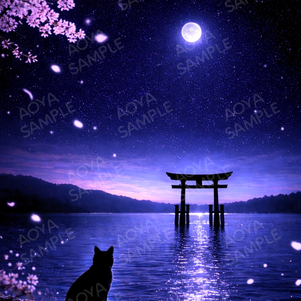 【iPhone壁紙】春の鳥居と猫｜月夜の桜と湖｜青い夜｜Aoya Cat Scenes 16