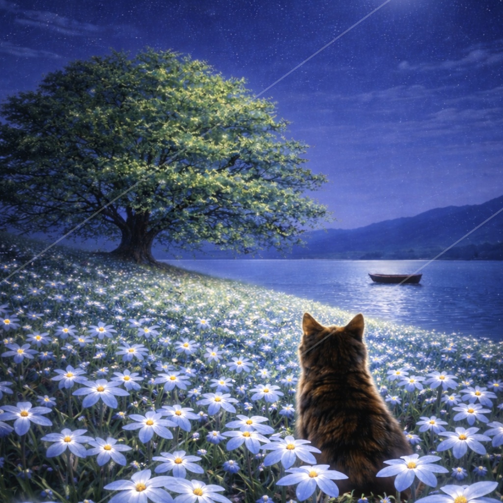 【iPhone壁紙】月夜の花畑と猫|Moonlit Flower Field Cat|Aoya Cat Scenes 17
