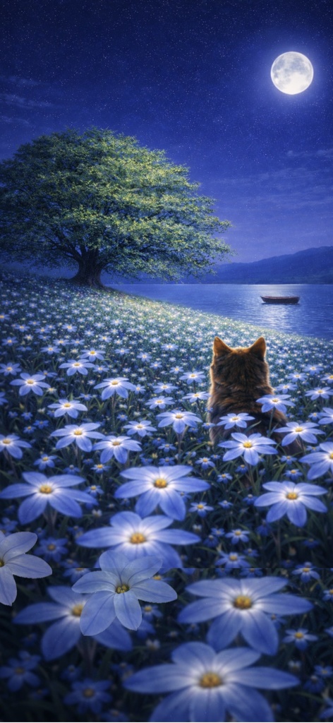 【iPhone壁紙】月夜の花畑と猫|Moonlit Flower Field Cat|Aoya Cat Scenes 17