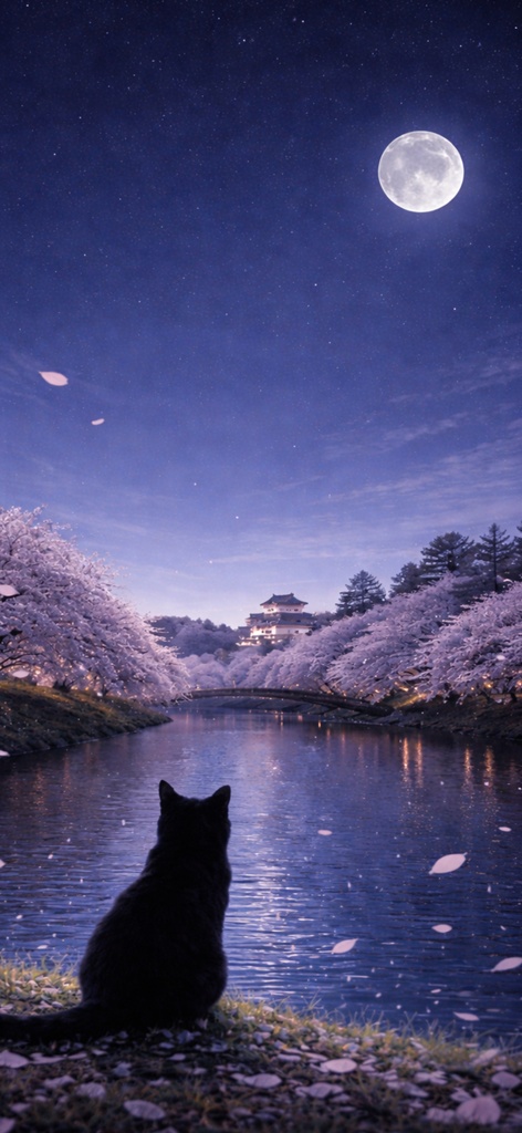 【iPhone壁紙】弘前の夜桜と猫|Moonlit Sakura Cat|Aoya Cat Scenes 18