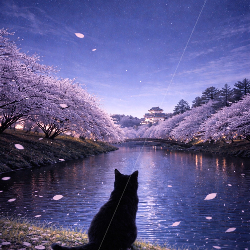 【iPhone壁紙】弘前の夜桜と猫｜Moonlit Sakura Cat｜Aoya Cat Scenes 18