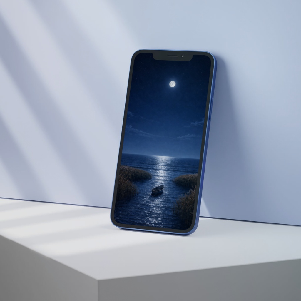 【iPhone壁紙】青い夜|月へ流れる舟|Moonlit Estuary|Aoya No.14