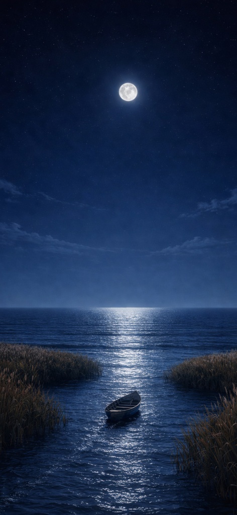 【iPhone壁紙】青い夜|月へ流れる舟|Moonlit Estuary|Aoya No.14