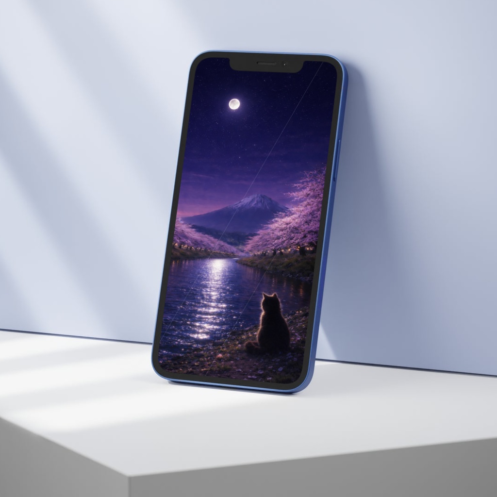 【iPhone壁紙】青い夜|夜桜と川と猫|月に照らされる桜並木|Moonlit Sakura River Cat|Aoya Cat Scenes No.20