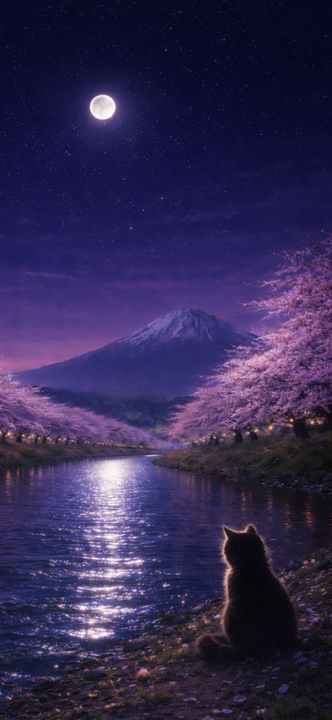 【iPhone壁紙】青い夜|夜桜と川と猫|月に照らされる桜並木|Moonlit Sakura River Cat|Aoya Cat Scenes No.20