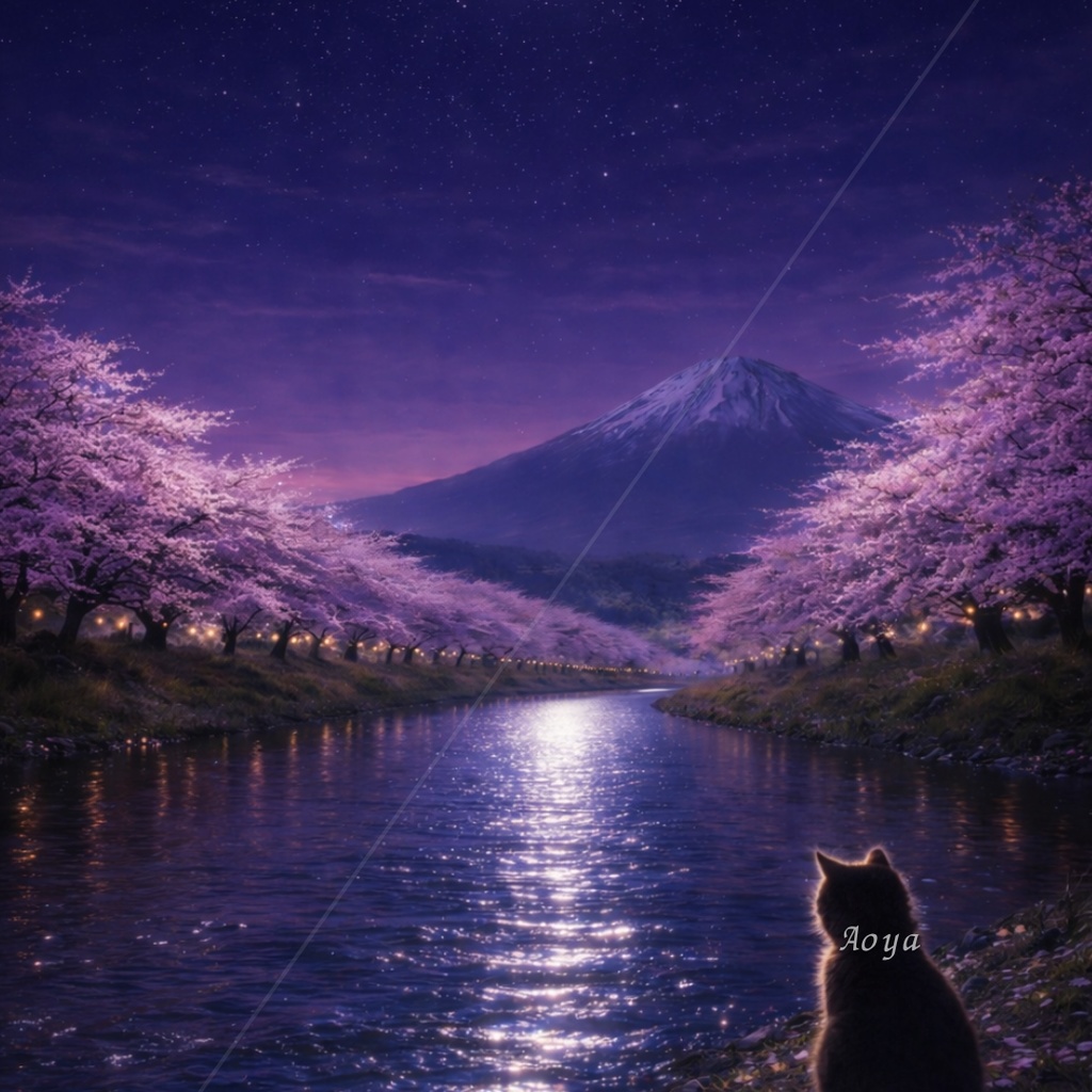 【iPhone壁紙】青い夜｜夜桜と川と猫｜月に照らされる桜並木｜Moonlit Sakura River Cat｜Aoya Cat Scenes No.20