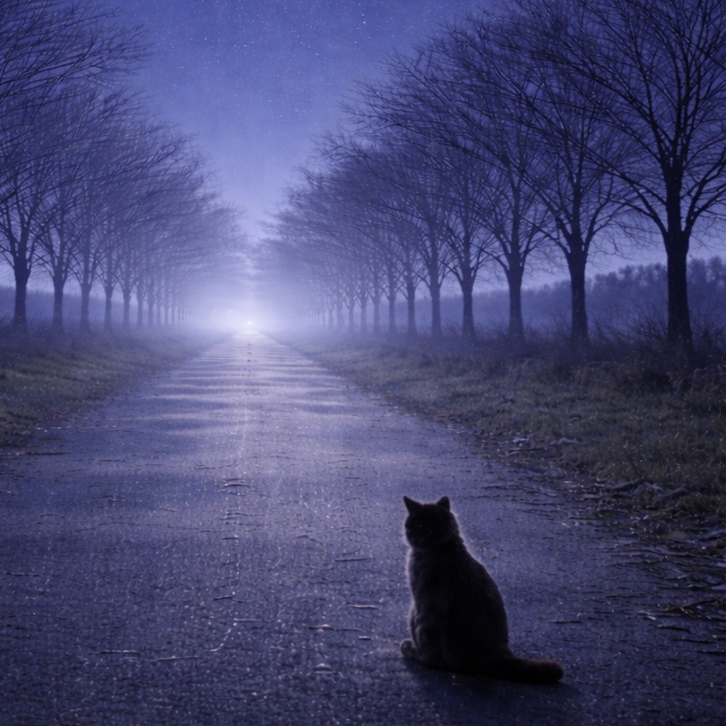 【iPhone壁紙】青い夜｜月へ続く並木道と猫｜Moonlit Path｜Aoya Cat Scenes No.21